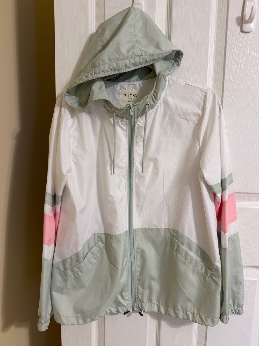 Zine Sage Green, White & Pink Hooded Bomber Windbreaker Jacket